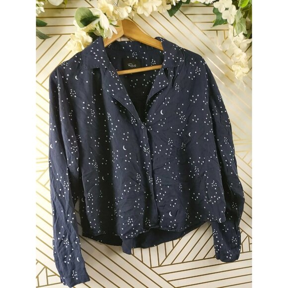 Rails Navy Galaxy Star Print Button Front Cropped Boxy Top Blouse Womens Size M - Picture 3 of 8